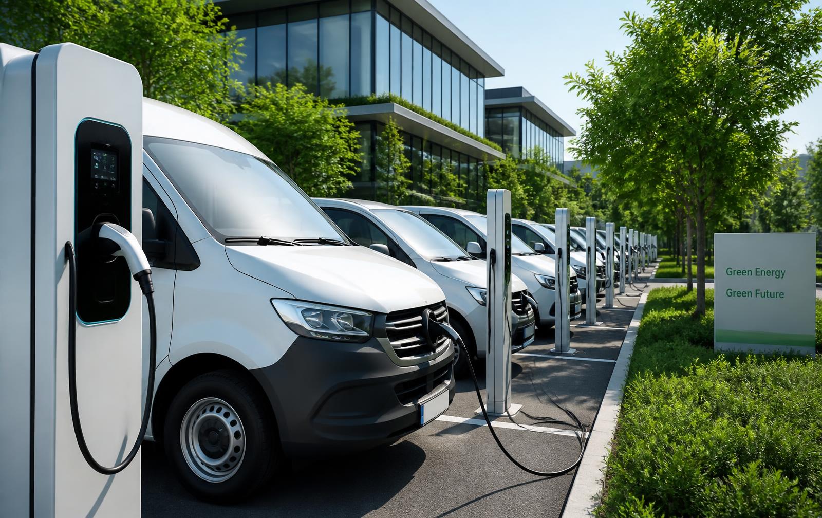 Electric corporate shuttle vehicles charging at a campus facility