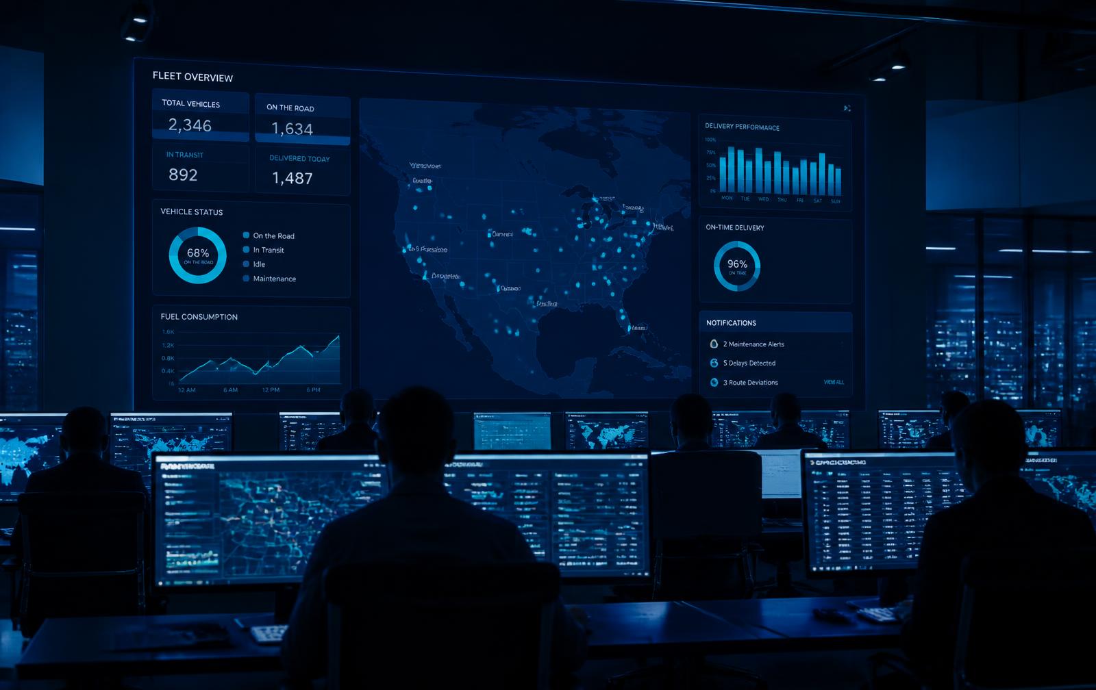 Operations control room with live fleet tracking dashboards
